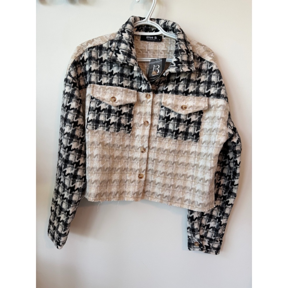 Blue B Collection Houndstooth Cropped Shacket Black Tan Frayed Hem Jacket Medium
